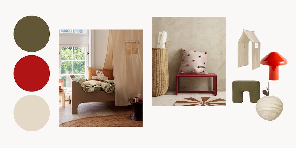 Kleurcombinaties babykamer: #3. Felrood, olijfgroen en cashmere